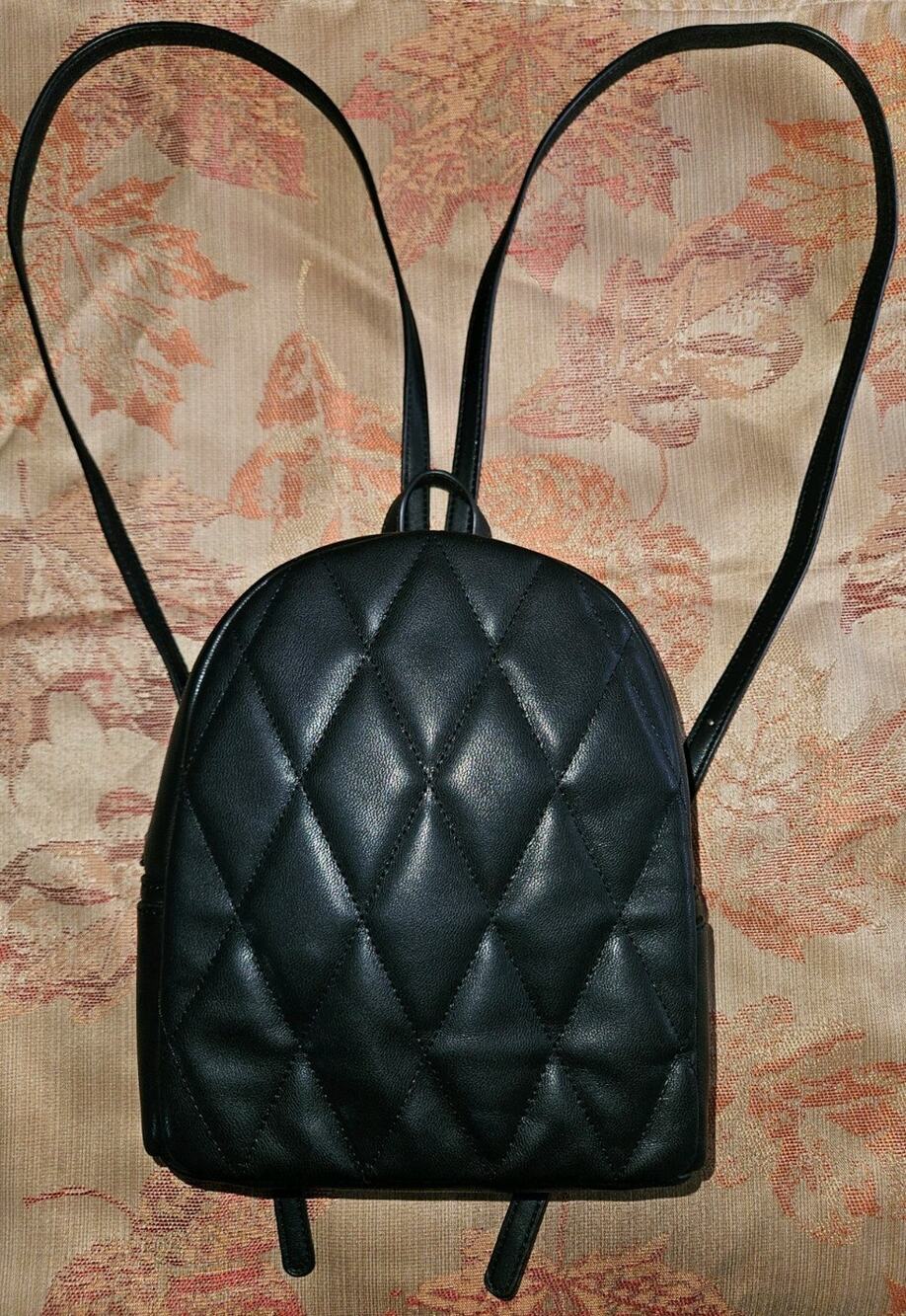 Forever 21 Black Quilted Faux Leather Backpack Purse Gold Tone Hardware EUC